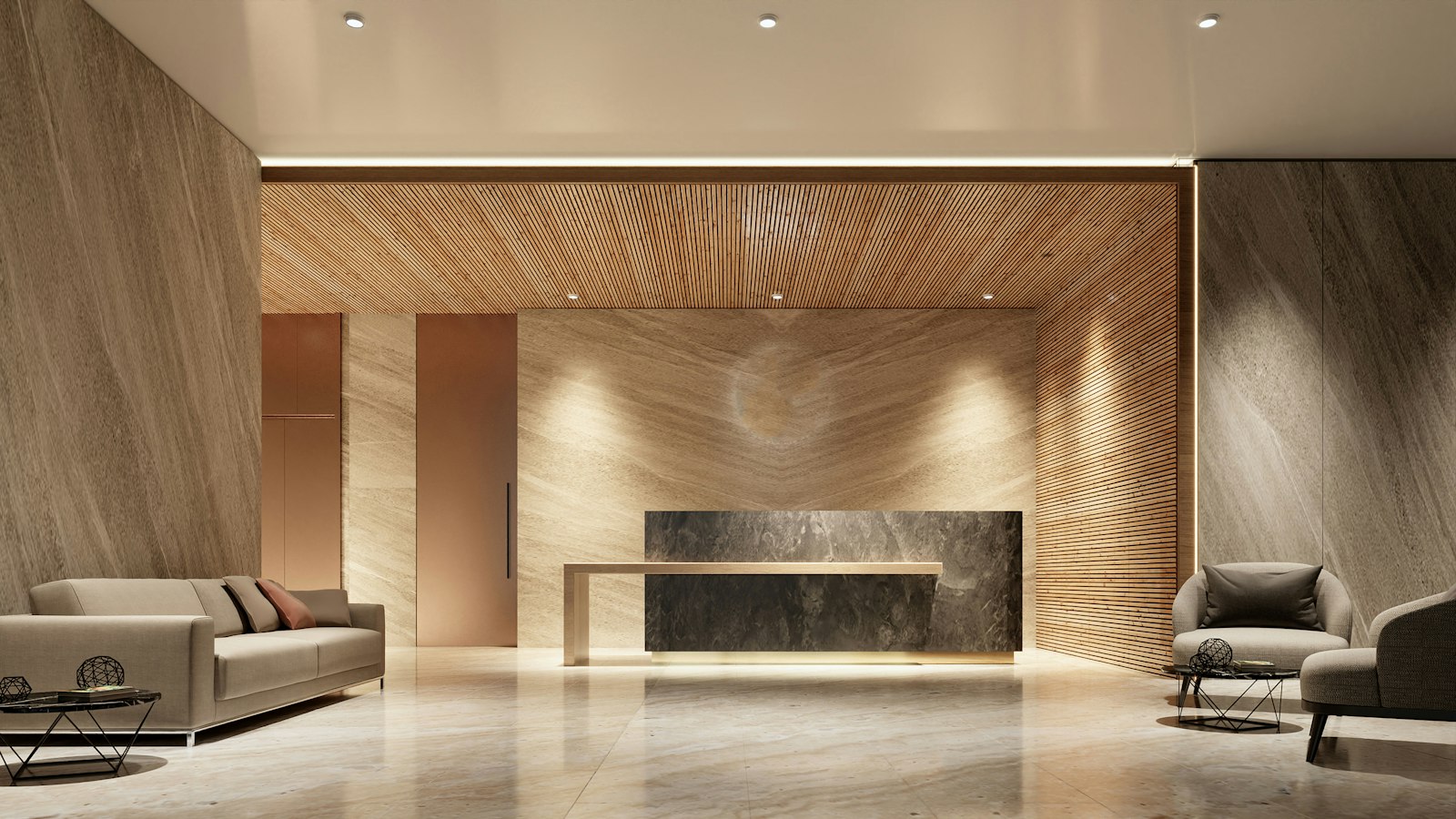 Reception desk and seating in an office lobby