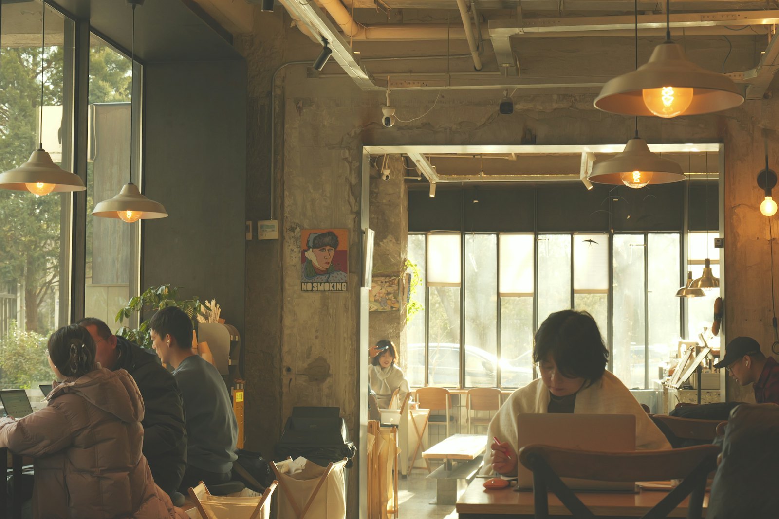 People working on laptops in a sunlit café
