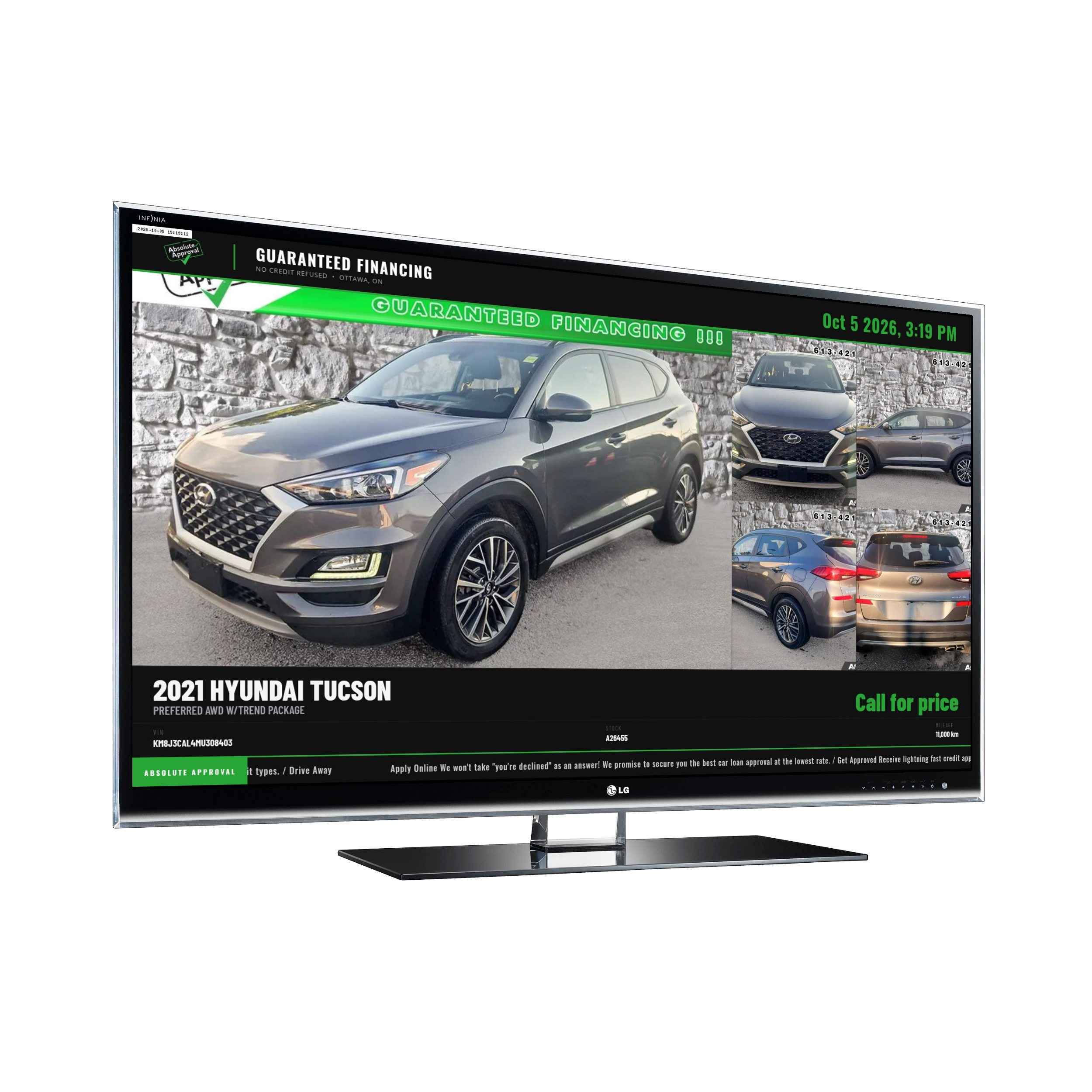 TV showing a dealership's vehicle listing with photos, price, mileage, VIN and stock number